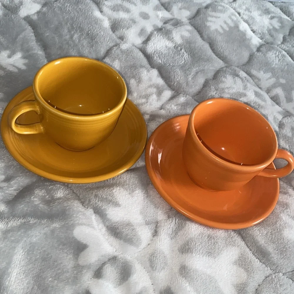 Fiesta Homer Laughlin Orange Teacup Set Saucers Cups Lead Free USA‎ made